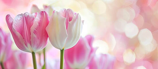 Obraz premium Pink and white Dutch tulip with close selective focus, Spring flower against a blurred background, ideal for copy space image.