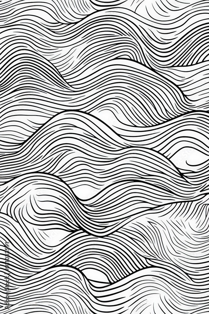Poster This image portrays a flowing wave pattern with thick black lines in motion, representing fluidity and movement with elegant curves forming a rhythmical abstract arrangement.