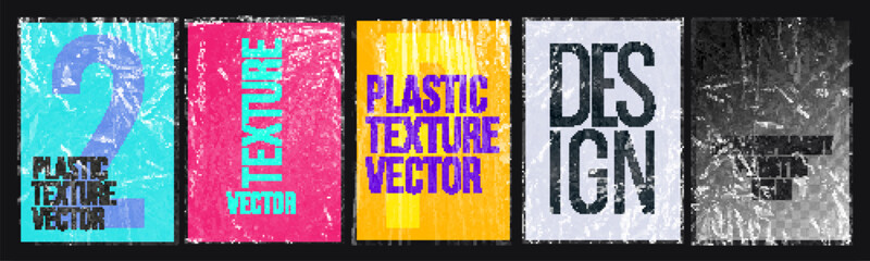 Plastic wrap texture collection, transparent stretched film polyethylene. vector design element graphic rumpled plastic warp. Realistic mockup poster vector set background illustration