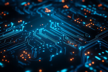 Abstract digital network circuit board background banner featuring connecting data points in blue and black colors. This design emphasizes the complexity and sophistication of modern technology