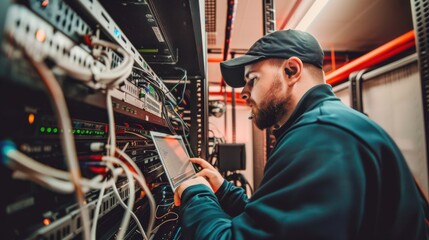 An engineer appearance maintains server equipment with a laptop in a bright room. His task is to improve information security on the network