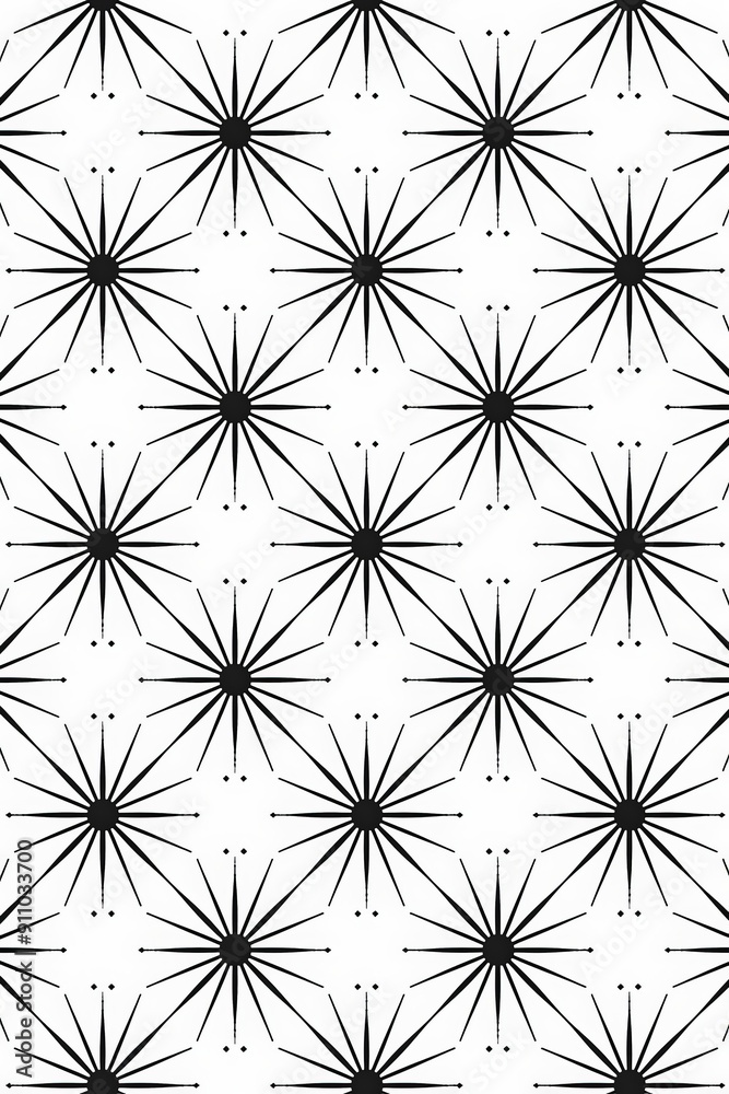 Aufkleber This design features a symmetrical pattern of dots and radiating black lines set against a white background, creating a vivid, dynamic, and abstract visual in modern style.