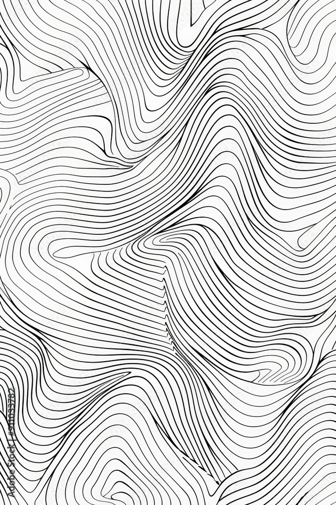 Fototapete This image features an abstract wavy line pattern with fluid motion, rendered in black lines on a white background, creating a sense of depth and movement.