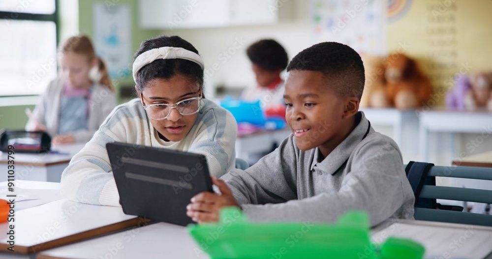 Poster Friends, studying and children with tablet in classroom, clever and helping with classwork and smile. Elearning, happy and digital for schoolwork, glasses and information for test in web or education