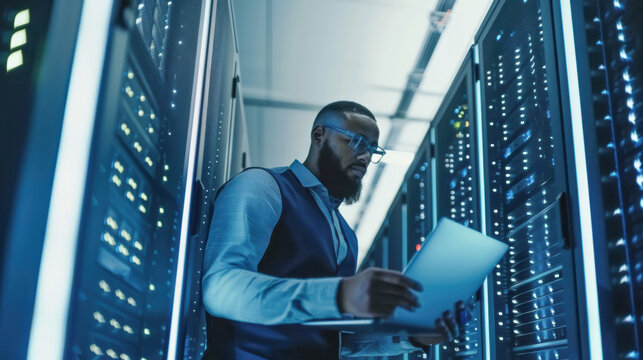 An engineer appearance maintains server equipment with a laptop in a bright room. His task is to improve information security on the network