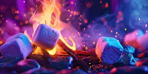 Marshmallows roasting over a fire with colorful lights.