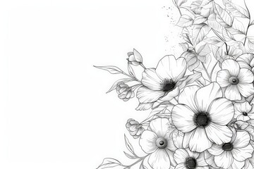 A detailed black and white floral sketch featuring various flowers and leaves, rendered with intricate line work and shading, highlighting the beauty of botanical artistry.