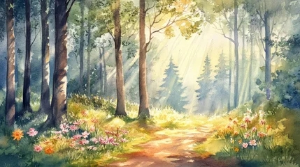 Fotobehang In spring, a watercolour painting depicts a forest landscape © Антон Сальников