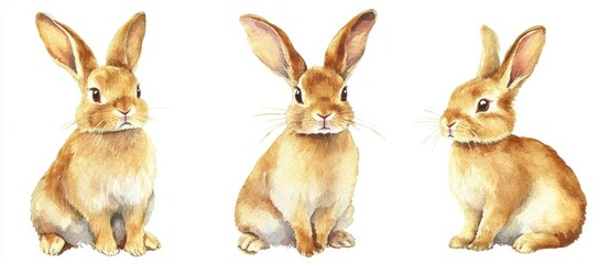 Fototapeta premium Three cartoon rabbits isolated on white background, a set of animal clipart
