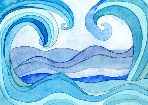 Watercolor Painting of Blue Sea Waves