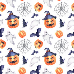Pumpkin in a hat for Halloween. Watercolor seamless pumpkin pattern with faces, cobwebs, bats and ghosts, handmade on a white background. For designers, decoration, shop, for postcards.