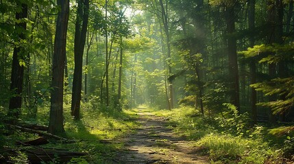 Obraz premium A path through a lush green forest.