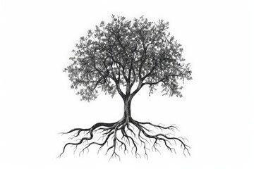 This image depicts a detailed tree with dense foliage and an exposed root system, drawn in black and white, representing a balance between nature's visible and hidden elements.