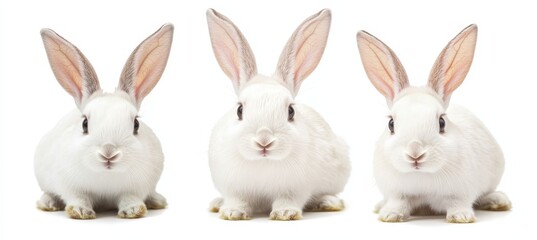 A set of three white rabbits (portraits, sitting), isolated on a white background
