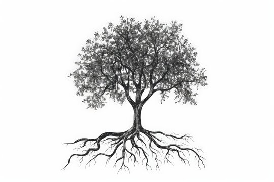This image depicts a detailed tree with dense foliage and an exposed root system, drawn in black and white, representing a balance between nature's visible and hidden elements.