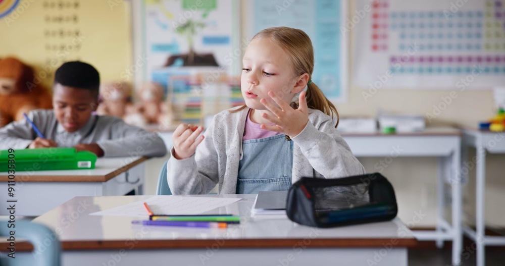 Poster girl, counting and fingers in classroom for math test, solution or assessment for development at aca