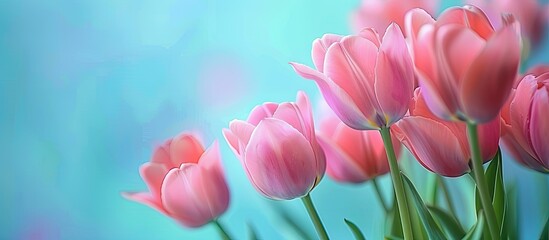 Obraz premium Vibrant pink tulips in full bloom are captured in a close-up copy space image against a soft, bright blue backdrop.