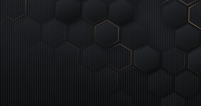 4k Abstract luxury black grey gradient backgrounds with golden metallic striped grid. Geometric hexagonal graphic motion animation. Seamless looped dark backdrop. Simple elegant universal minimal BG