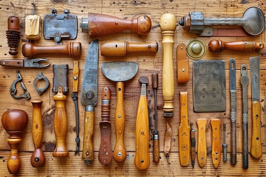 An Assortment of Vintage Tools Displayed on Wooden Boards