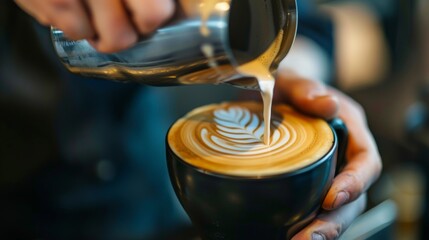 A close-up of a latte with an exquisite leaf pattern latte art created by a skilled barista, served in a black cup. The image captures the elegance and detail of coffee art.