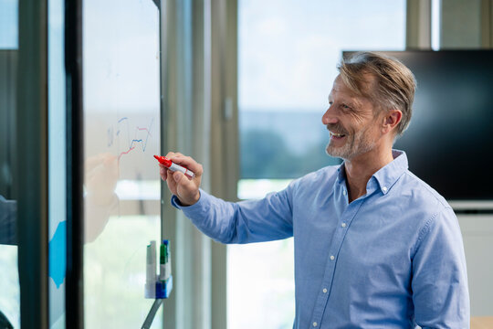 Happy senior businessman writing on whiteboard at office