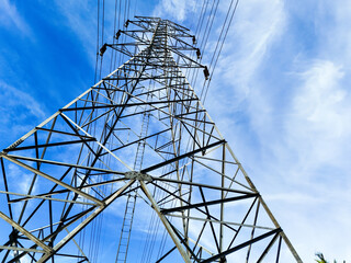 Aerial view High voltage with beautiful clouds sky. Photo for industrial use, electrical power...