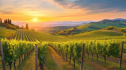 Stunning Sunset Panorama of a Sprawling Vineyard