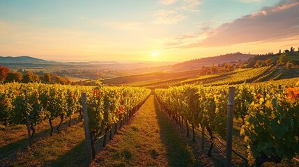 Naklejka premium Stunning Sunset Panorama of a Sprawling Vineyard