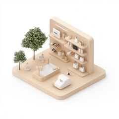 Futuristic Isometric Store Interior with Minimalist Fixtures and Open Layout 3D Rendering on White Background, Generate Ai