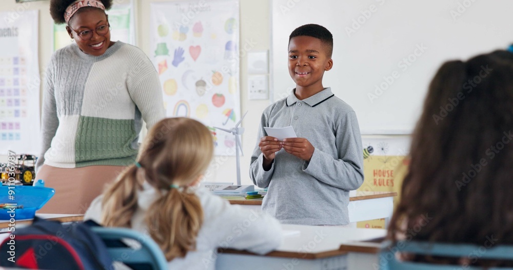 Poster Class, happy kid and reading presentation for education, learning or knowledge in elementary school. Boy child, students and speech with teacher for robotics assignment project with paper in lesson