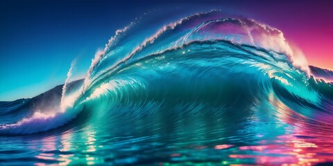 A large turquoise wave crests under a colorful sky, reflecting on the water's surface