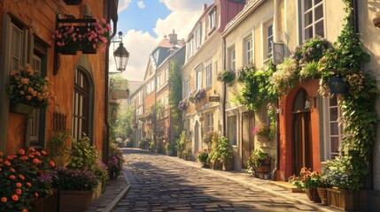 Fototapeta premium Charming Cobblestone Street in a European Town - Historic Architecture and Quaint Charm
