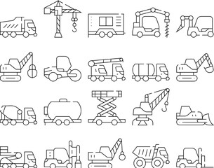 Construction Vehicle Collection Icons Set Vector. Construction Crane And Bulldozer, Wheel And Skid Loader, Scissor Lift And Concrete Mixer Black Contour Illustrations