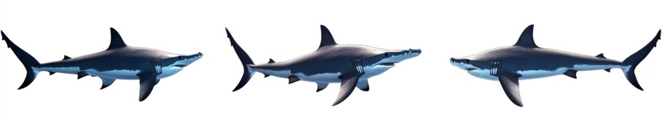 Fototapeta premium Isolated on a white background, hammerhead shark collection (sides, fronts, tops)