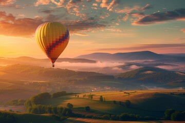 Obraz premium Hot Air Balloon Over Rolling Hills at Sunrise
