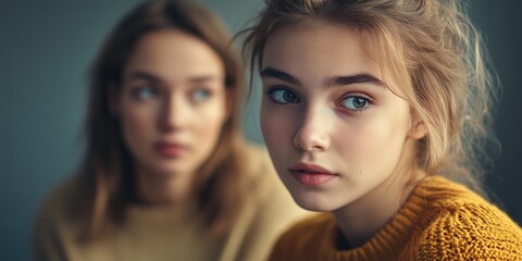 Two young women enjoying a moment together, looking directly at the viewer