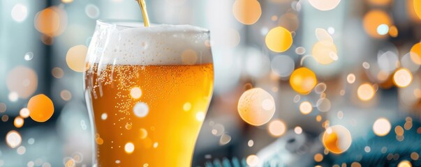 Brewmaster tasting a fresh brew amidst festive decorations and colorful lights, Brewmaster, beer festival, Flavor and festivity