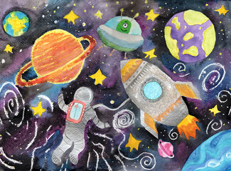 Watercolor children drawing space planet rocket
