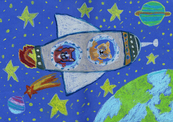 Watercolor children drawing space planet rocket