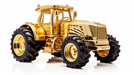 Obraz premium Golden tractor with big wheels isolated on white. Neural network ai generated art