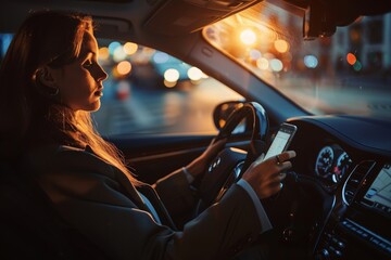 Woman Driving at Night, Using Smartphone
