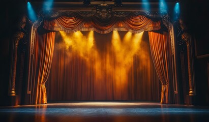 Classic theater stage with warm lighting and ornate curtains, illuminated by spotlights for an old-world charm. Web banner 