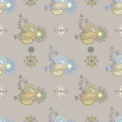 Pastel Indian motif pattern paisley ikat seamless pattern on gray background,green tone flower and leaves,concept design for carpet , fabric ethnic pattern ornament ,media print pattern for saree.