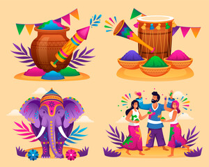 Gradient holi composition set with people and colorful powder