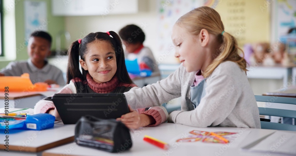 Poster Friends, digital and children with tablet in classroom, clever and helping with classwork and smile. Elearning, happy and online for schoolwork, glasses and information for test in web and education