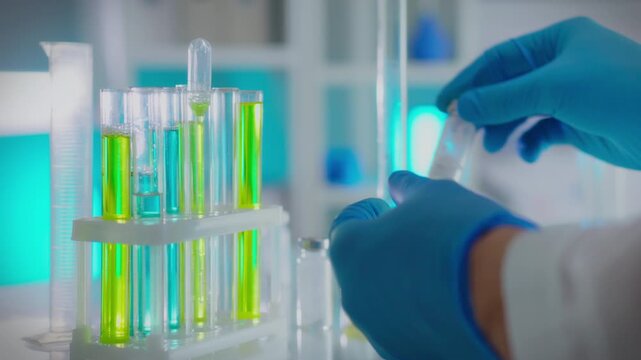 Virus. Researcher in nitrile gloves performs laboratory research in a modern laboratory. General view young professional examines samples of materials studying research data, chemist