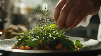 Chef's Hand Sprinkling Herbs on Dish - Culinary Detail