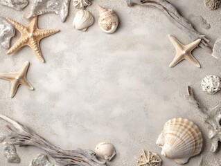 Seashell with starfish and sand dollar with driftwood on sandy texture desk with empty space in the center top view.