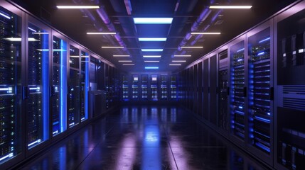 inside a magnificent data center with numerous servers and storage bays. The dominant color of the storage bays is blue
