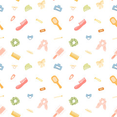 Seamless pattern with hair accessories collection. Scrunchies, elastic bands and hair clips, hair ties. Trendy pattern of hair grip isolated on white background in flat style.